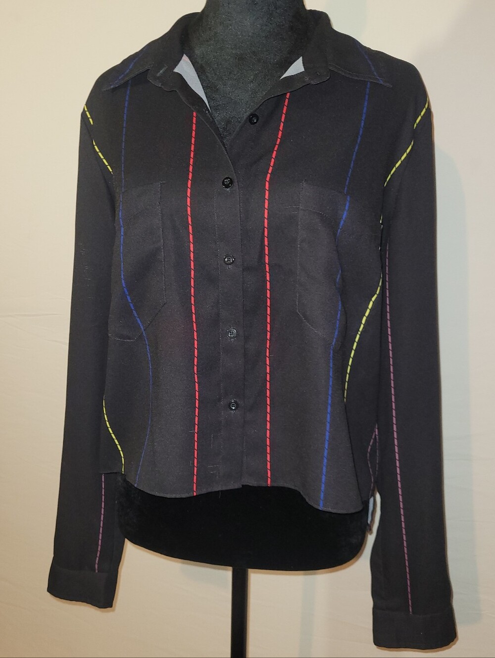 Gianni Bini Black Button-Up Women's Top with Multicolor Stitching, M